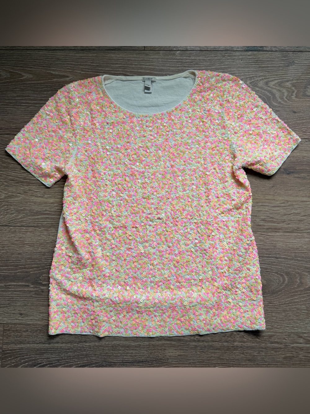 J. Crew Womens Pink Yellow Neon Sequin Front Short Sleeve T-Shirt Cotton XXS